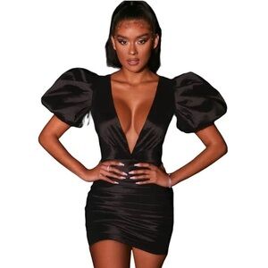 Oh Polly Black Puff Sleeve Plunge Mini Dress